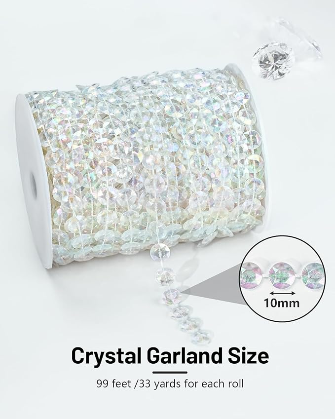 99FT Acrylic Crystal Garland, Iridescent Shimmer Diamond-Shaped Crystal Bead Strands, DIY Crystal Beads String Roll for Wedding Decorations Party Decorations Beaded Curtain Crafting Projects