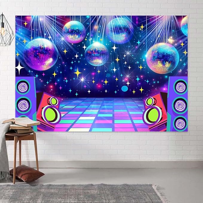 Dance Party Backdrop Retro 80s 90s Theme Stage Dance Ball Music Birthday Party Decoration DJ Photography Background 5 x 3 ft for Baby Shower Picture Photo Shoot Polyester Fabric,Multi1