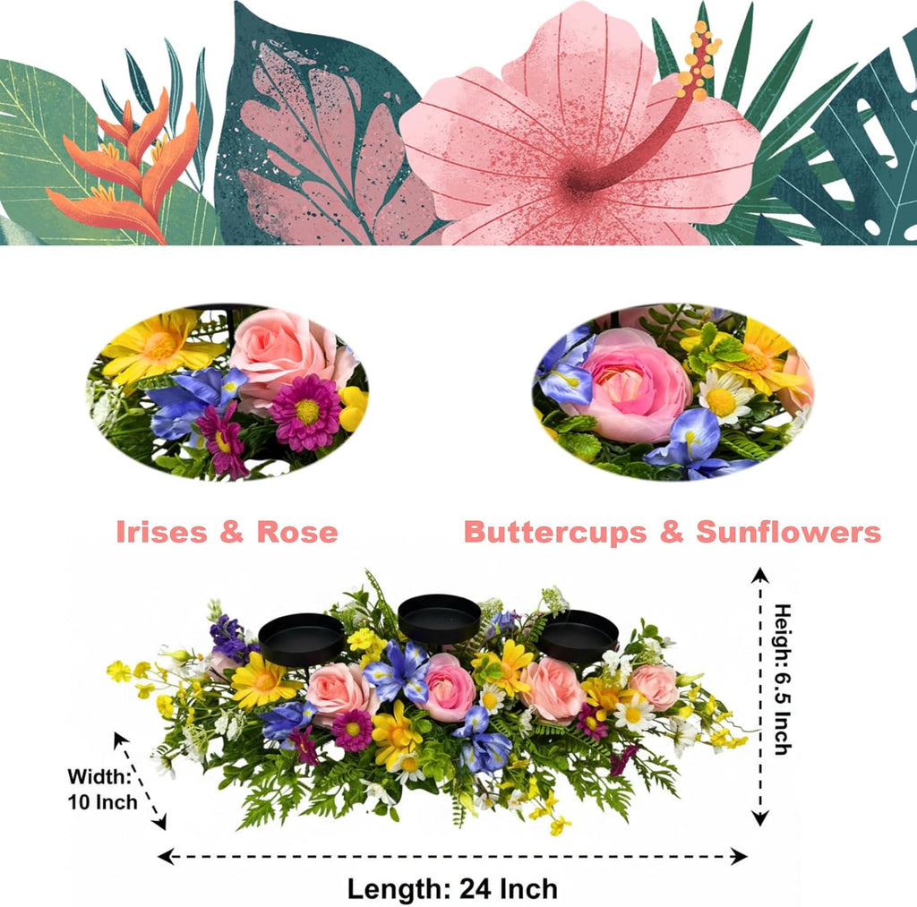 24" Spring Summer Floral Candle Holder Centerpiece for Table Decor | Triple Candle Cups with Pink Roses, Blue Iris-Style Flowers, Daisies and Fern Leaves for Spring Summer Decor