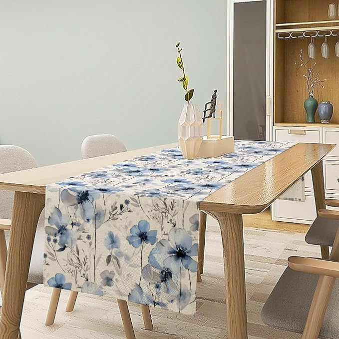 Watercolor Floral Table Runner, Blue Poppy Flower Seasonal Spring Summer Table Runner for Kitchen Dinning Table Runner Decor Home Wedding Party Holiday, 13x108 Inch