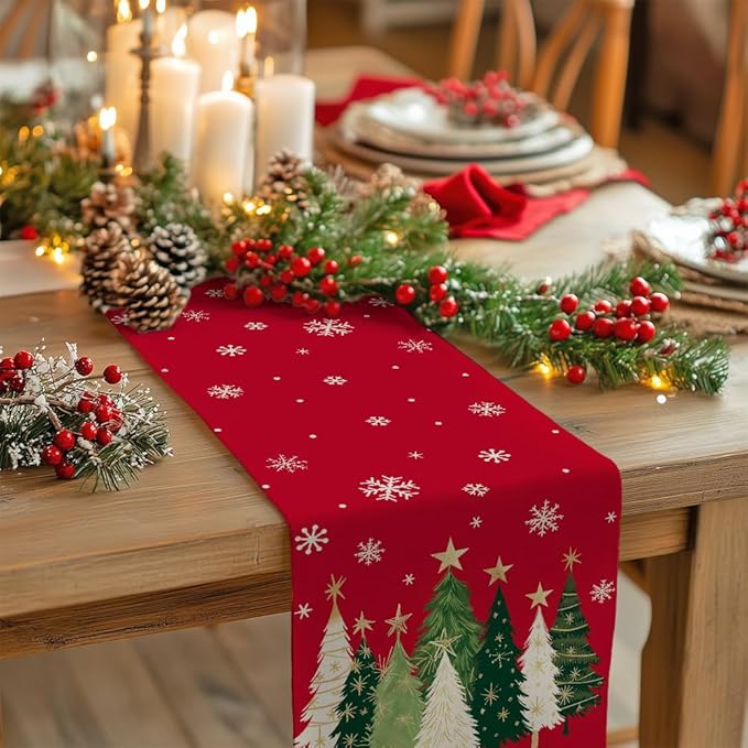GEEORY Christmas Table Runner 13x48 Inch, Xmas Trees Snowflakes Holiday Decorative Farmhouse Table Decoration for Kitchen Dinning, Indoor Outdoor Dinner Party Decor (Red) GT150-48