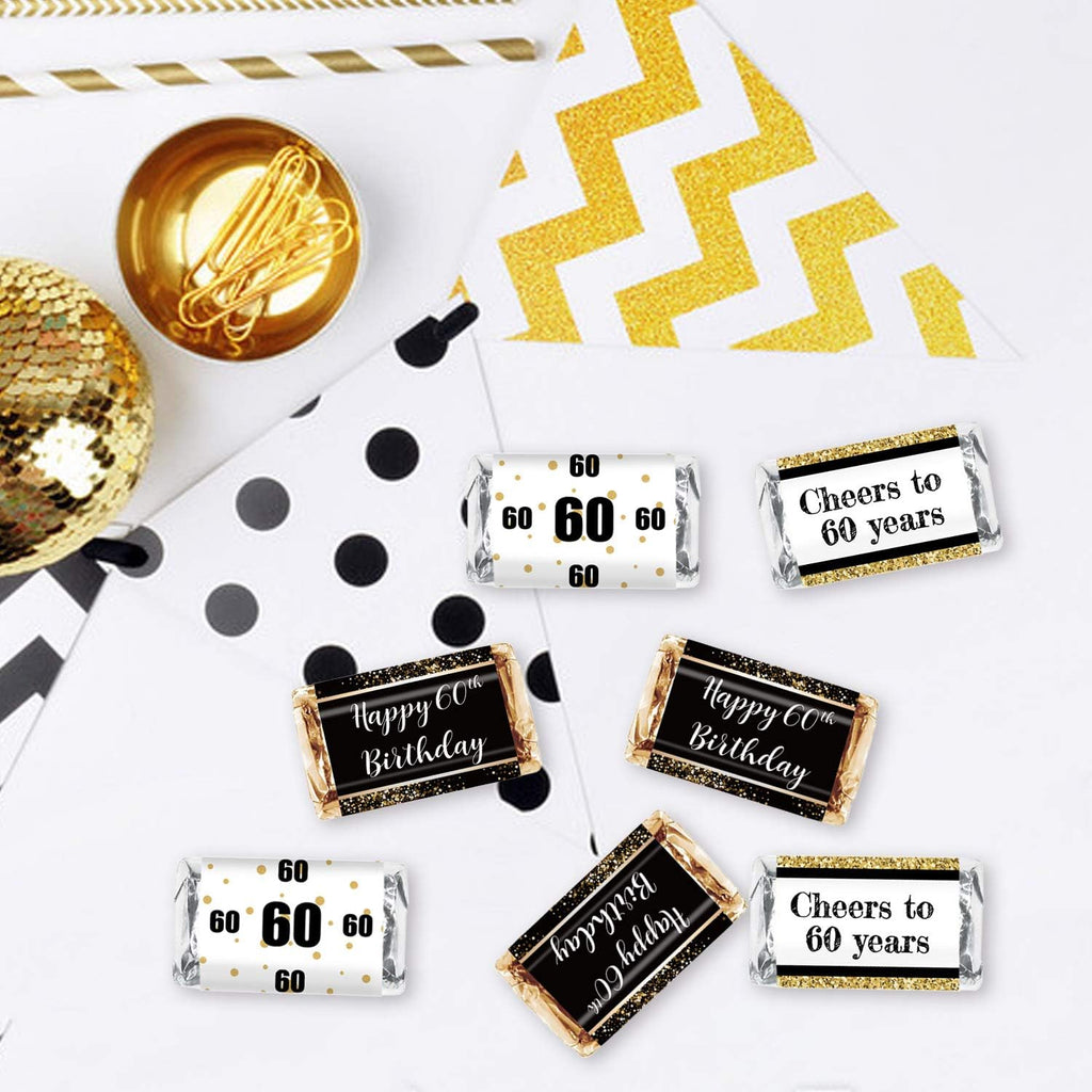 Black & Gold 60th Birthday Party Mini Candy Bar Wrapper Stickers - 60th Birthday Party Favors - Pack of 54