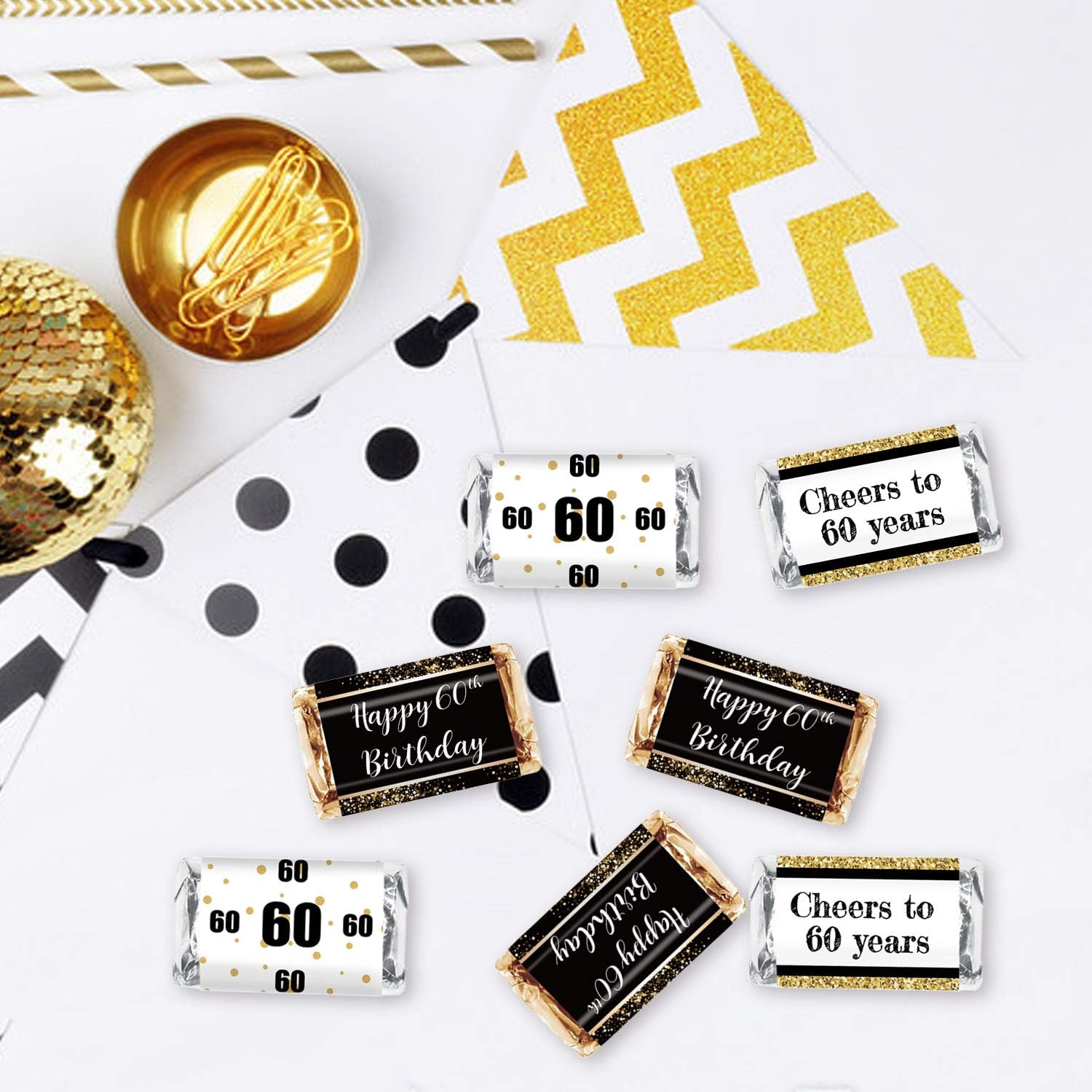 Black & Gold 60th Birthday Party Mini Candy Bar Wrapper Stickers - 60th Birthday Party Favors - Pack of 54