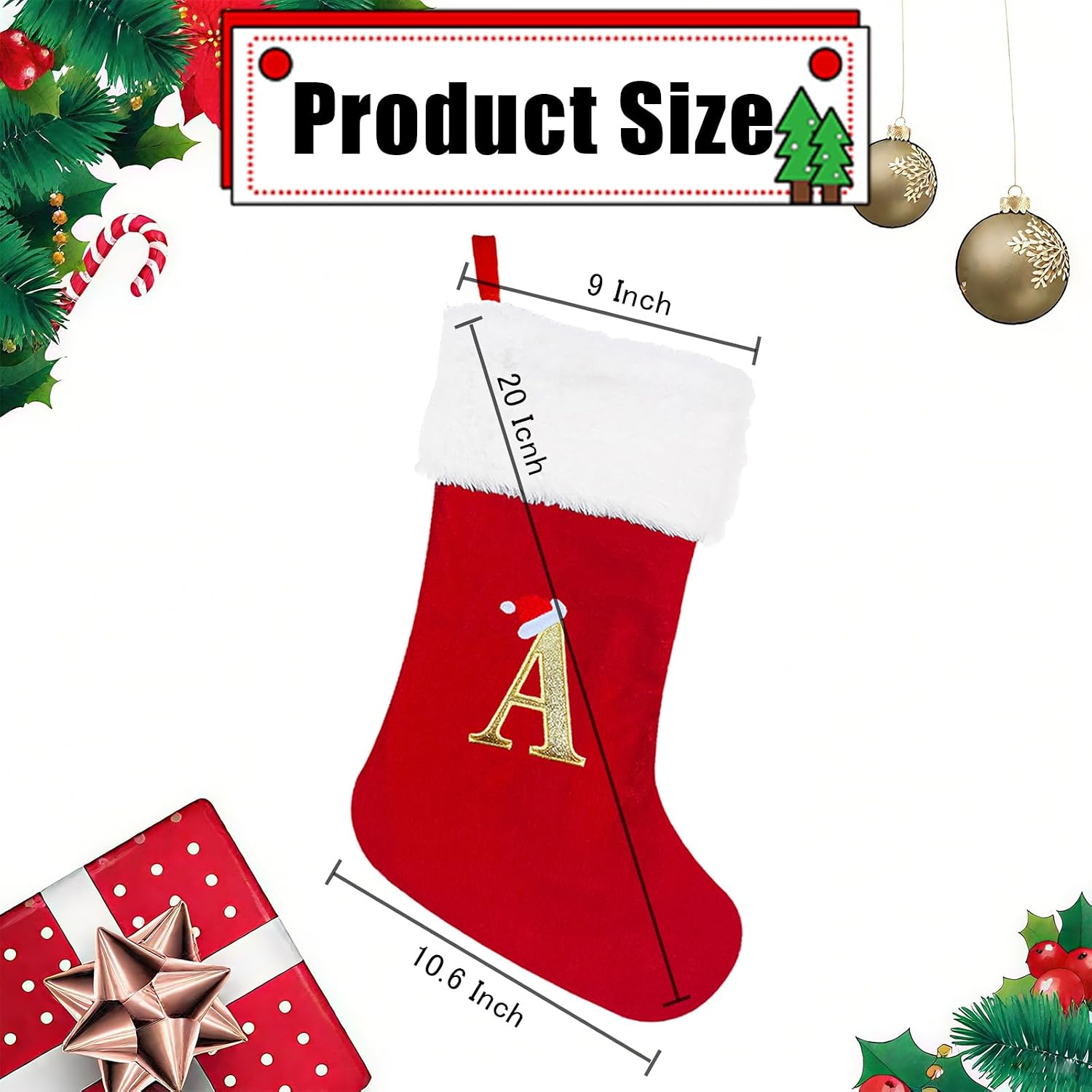 20" Monogrammed Christmas Stocking with Letter A | Personalized Red Plush Cuff Initial Stocking - Holiday Xmas Gift for Family Decor (Red, Letter A)