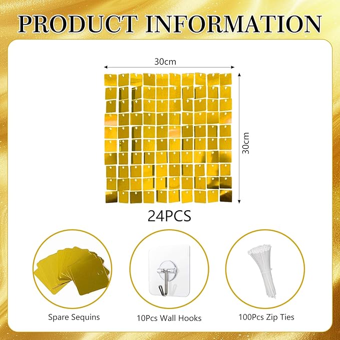 24PCS Gold Shimmer Wall Backdrop, Square Sequin Backdrops Panel, Glitter Wall Background for Birthdays, Weddings, Graduation, Engagements, Disco Bachelorette Party Decoration (4FTx6FT)