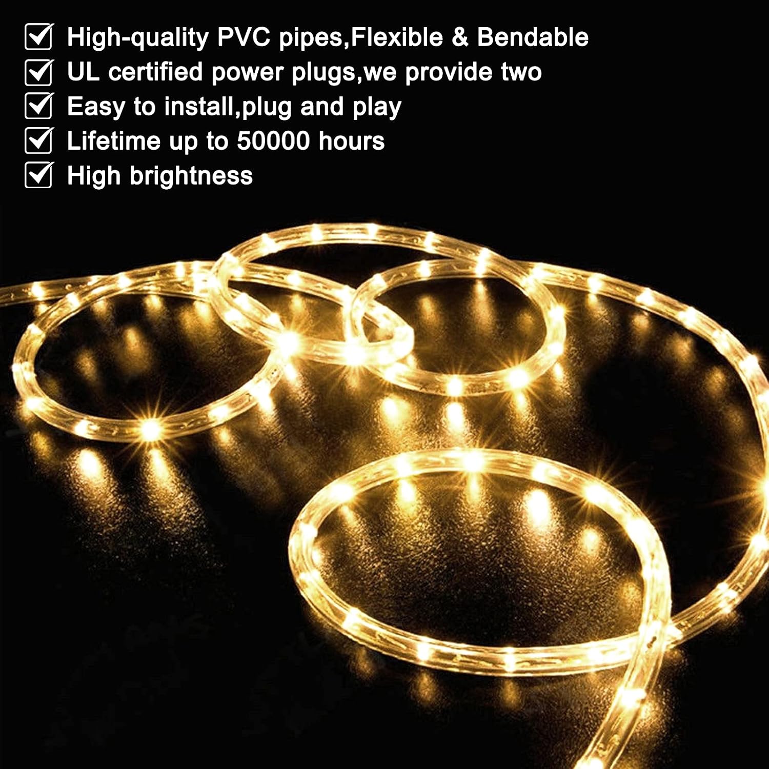 SURNIE LED Rope Lights Outdoor Warm White, Waterproof 50FT Cuttable 3000K Lighting Indoor 110V Connectable Flexible Electric Lights for Christmas Trees Bedroom Outside Patio Decor, Not Flat Strip