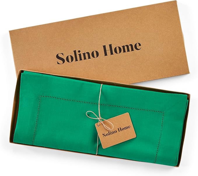 Solino Home Linen Table Runner 90 Inches Long - 100% Pure Linen Emerald Green Table Runner 14 x 90 Inch for Christmas - Classic Hemstitch