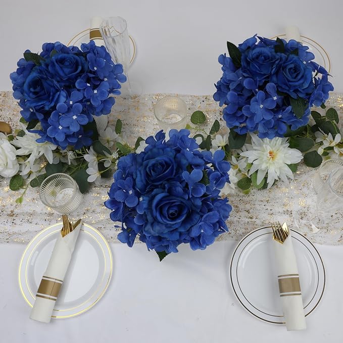 Flower Table Centerpieces - Set of 6 Floral Arrangement Artificial Wedding Hydrangeas Floral Arrangement with Rustic Metal Vase for Bridal Tea Party Event Decorations - Royal Blue