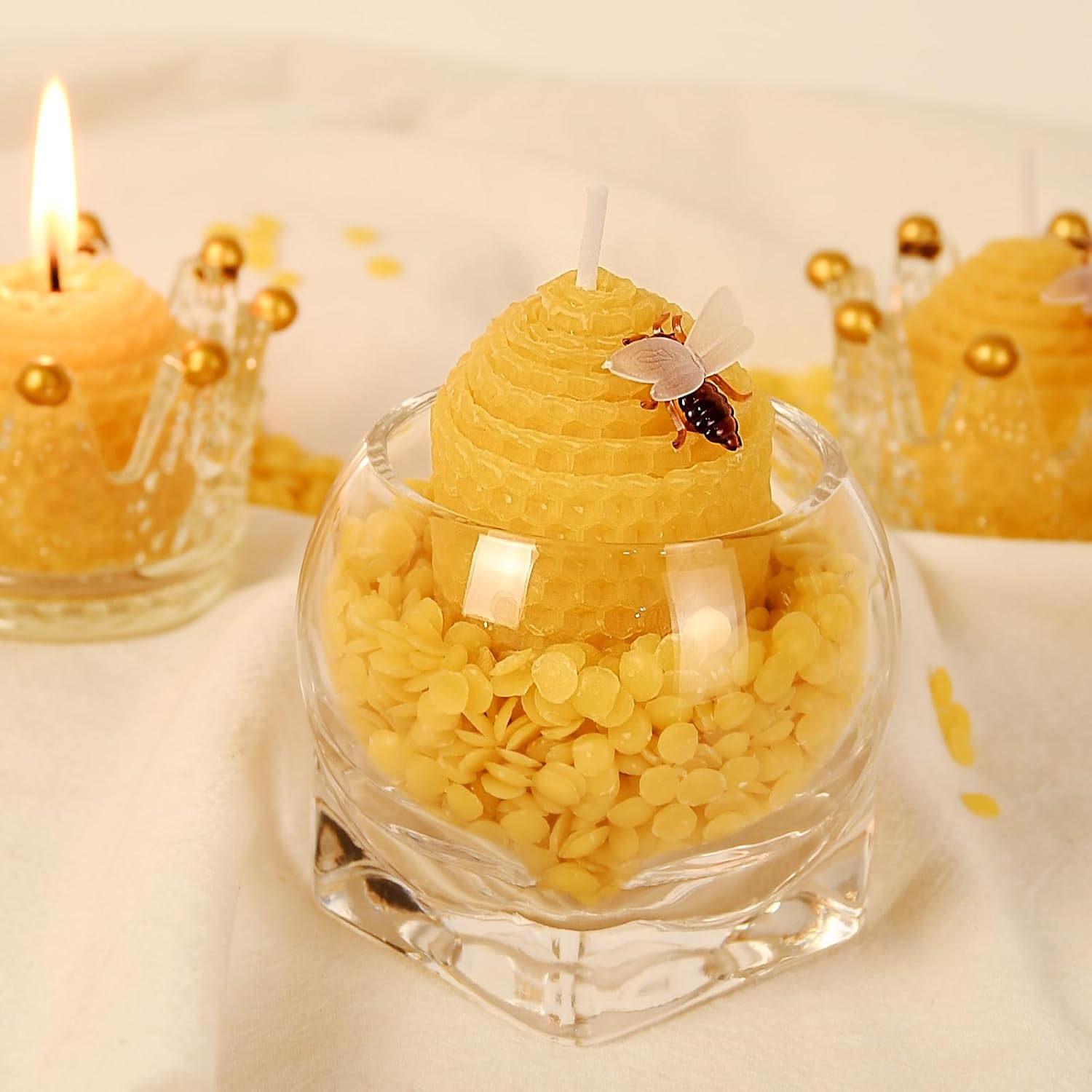 DEYBBY Natural Beeswax Candles Set of 6, Small Bees Wax Votive Candles with Little Bee Decorations as Housewarming Birthday Event Gift Party Favor (Yellow)