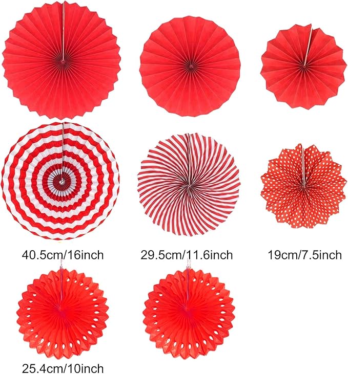 Hanging Paper Fan Set, Tissue Paper Pom Poms Flower Fan and Honeycomb Balls for Birthday Baby Shower Wedding Festival Decorations - Red