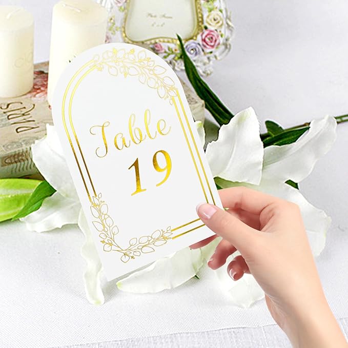 Wedding Table Numbers 1-20, 20 White Gold Tables Number Cards with 20 Gold Table Holders, 1 Set of 20 Numbers Card for Wedding Reception(Card and Holder)