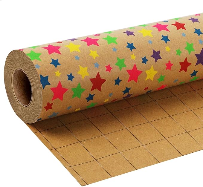 LaRibbons Birthday Wrapping Paper Roll for Kids, 30 Inch x 33 Feet (83 sq. ft. ttl.) Kraft Gift Wrap Paper with Colorful Star Pattern for Baby Shower Holiday Party