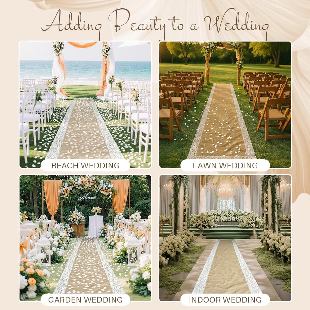 Natural Burlap Aisle Runner for Wedding Ceremony, 3ft x 33ft Wedding Aisle Ru...