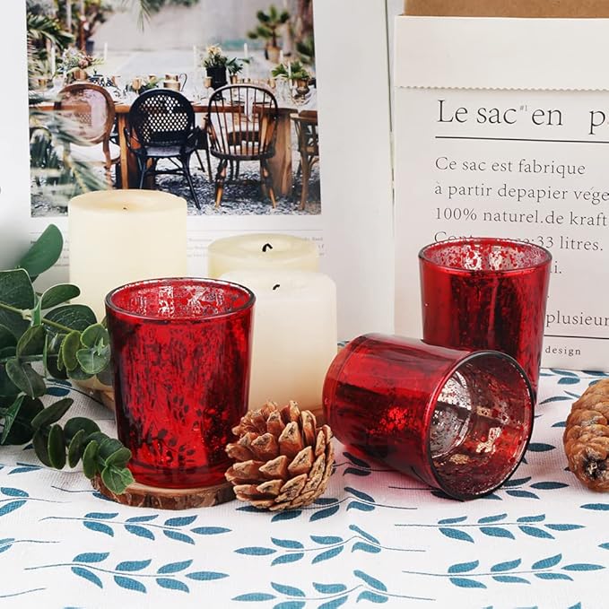 Red Mercury Glass Tea Light Holders Set of 36 - Elegant Votive Candle Holders for Weddings, Showers and Home Decor - Perfect for Table Centerpieces and Parties (Glass, Red)
