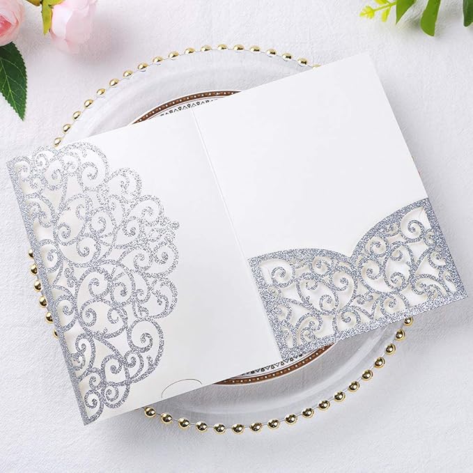 PONATIA 5.12 x 7.2 Laser Cut Invitation Pocket, 20 Tri-Fold 5 x 7 Laser Cut Wedding Invitation Pockets with Envelopes for Wedding Bbay Shower Birthday Sweet 16 Invite (Silver Glitter, No Inner Sheet)