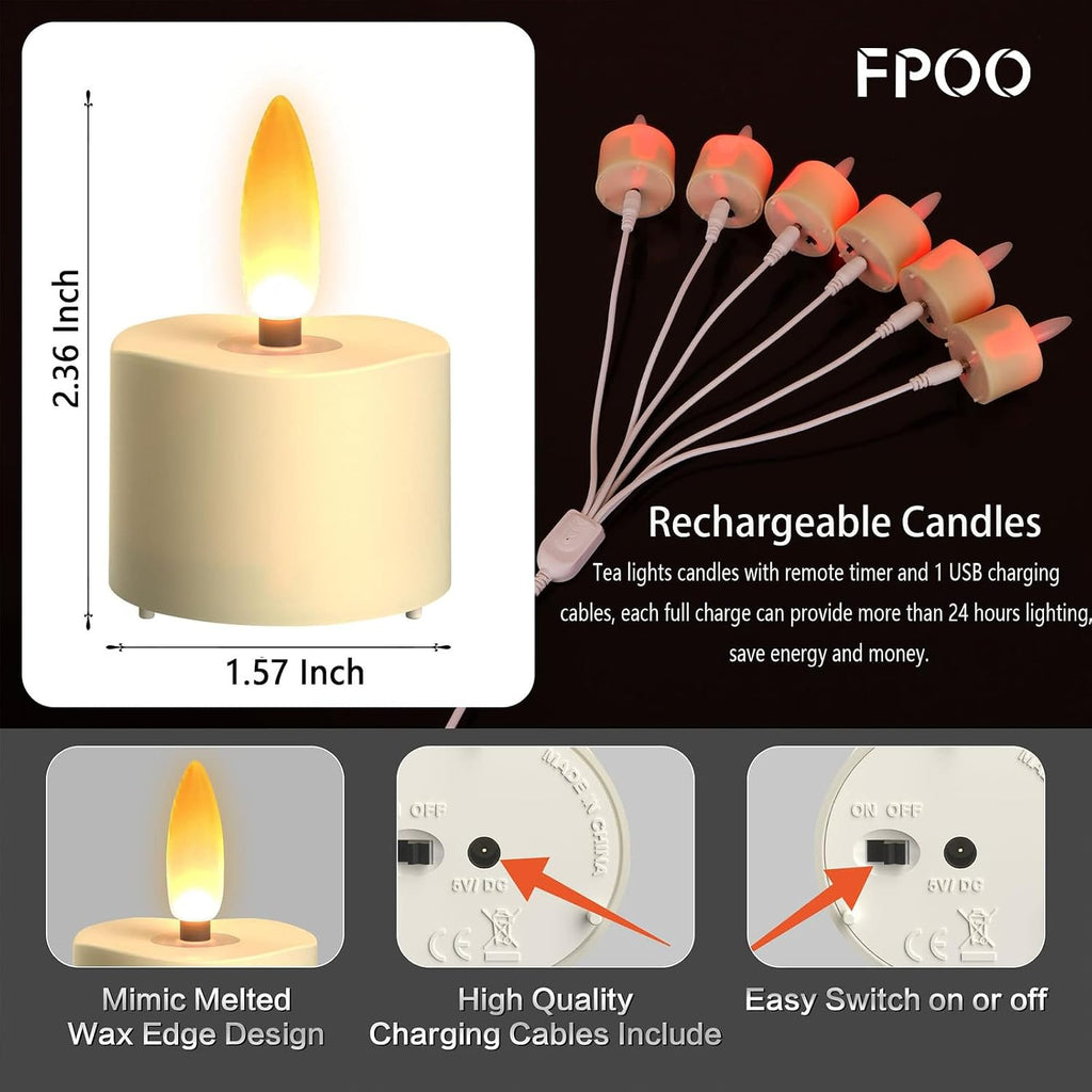 FPOO Rechargeable Tea Lights with Remote Timer, 6 Flameless Votive Candles | USB Rechargeable with remote, 4H/6H timer, and warm LED flicker for votive holders, lanterns, and small spaces.