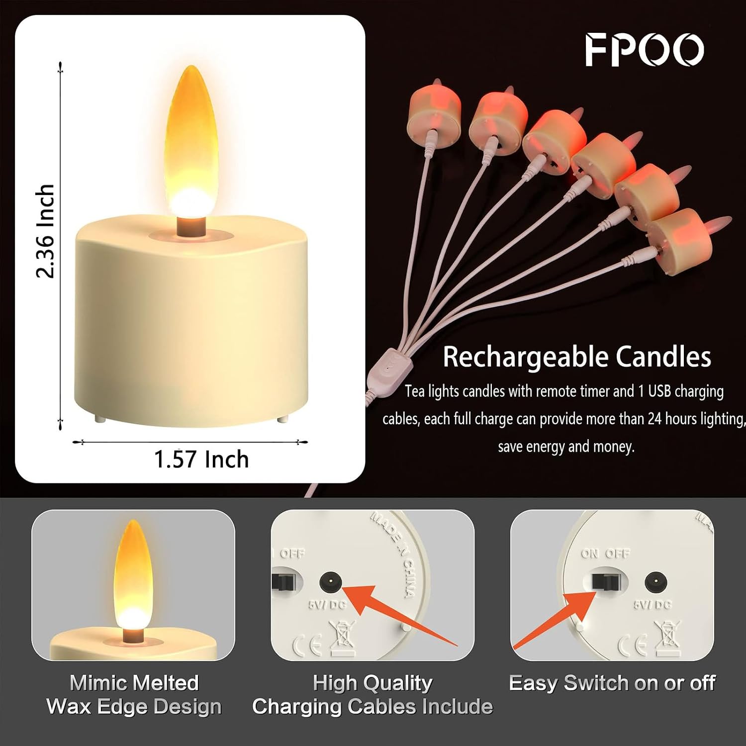 FPOO Rechargeable Tea Lights with Remote Timer, 6 Flameless Votive Candles | USB Rechargeable with remote, 4H/6H timer, and warm LED flicker for votive holders, lanterns, and small spaces.