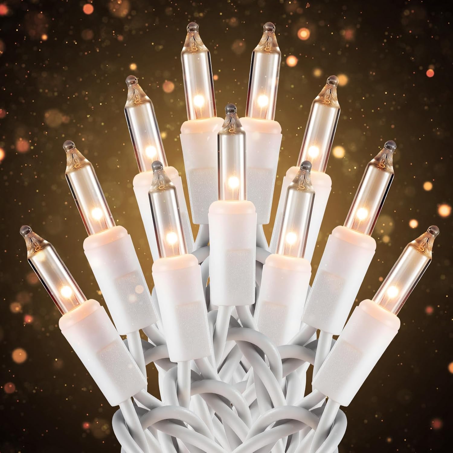 21ft White Wire Clear Bulb String Lights UL Certified | Classic warm glow for Christmas, wedding, patio. UL588 certified. IP44 waterproof. Connect up to 5 sets.