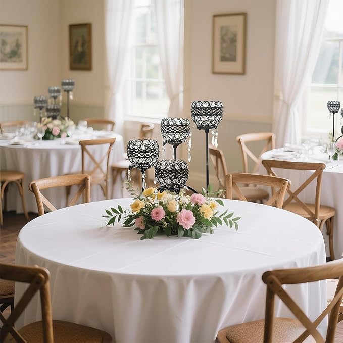 4 Arms Crystal Candelabra Tealight Holder - Tall 15.7 Inch Elegant Centerpiece with Crystal Pendant Bowls & Artistic Metal Stand for Wedding, Dining Table, Home Decor (1, Black)