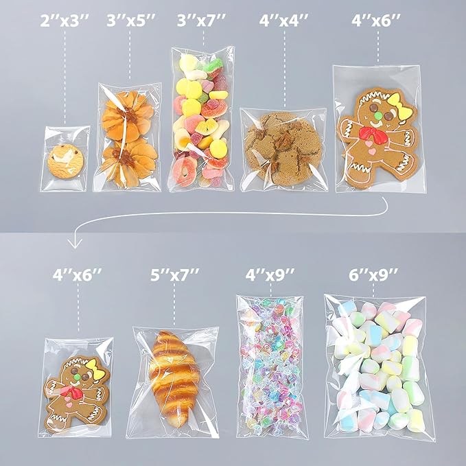 PigPotParty 4''x 6" Clear Plastic Cellophane Bags, 200 Pcs Small Self Sealing Cookie Bags for Gift, Party favor, Greeting Card,Candy, Treat, Goodies, Snack, Self Adhesive Resealable