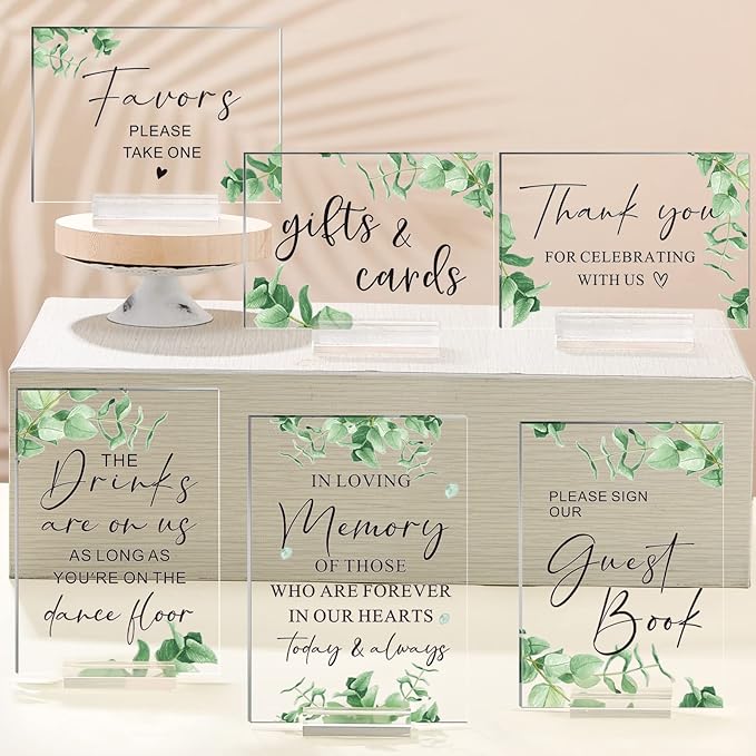 Weysat 6 Pcs Clear Acrylic Wedding Signs for Reception and Ceremony 5'' x 7'' Wedding Signage with Stand in Loving Memory Table Decorations Cards and Gifts Guestbook Reserved Table Sign(Elegant Style)