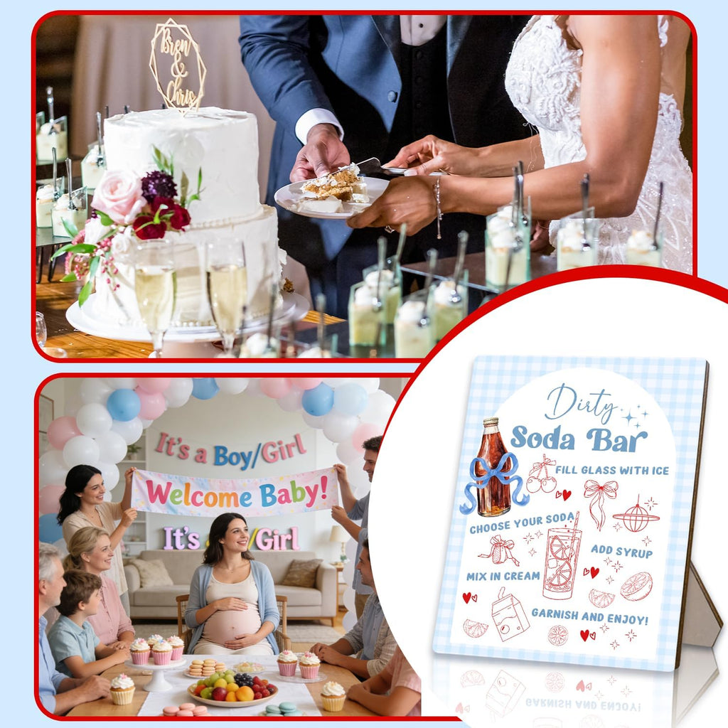 She's Ready to Pop Dirty Soda Bar Sign with Menu, Wooden Tabletop Welcome and Recipe Board for Gender Reveal Party, Beverage Setup Sign 8x10 Inch, Blue Bridal Shower and Wedding Decor
