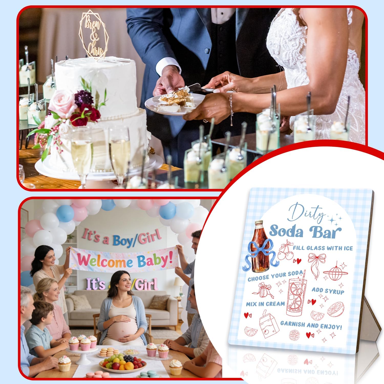 She's Ready to Pop Dirty Soda Bar Sign with Menu, Wooden Tabletop Welcome and Recipe Board for Gender Reveal Party, Beverage Setup Sign 8x10 Inch, Blue Bridal Shower and Wedding Decor
