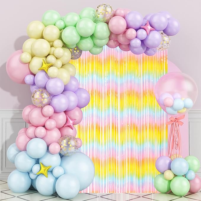2 Pack Pastel Rainbow Foil Fringe Backdrop Curtains, Tinsel Streamers Birthday Party Decorations, Fringe Backdrop for Baby Shower, Gender Reveal, Birthday Party