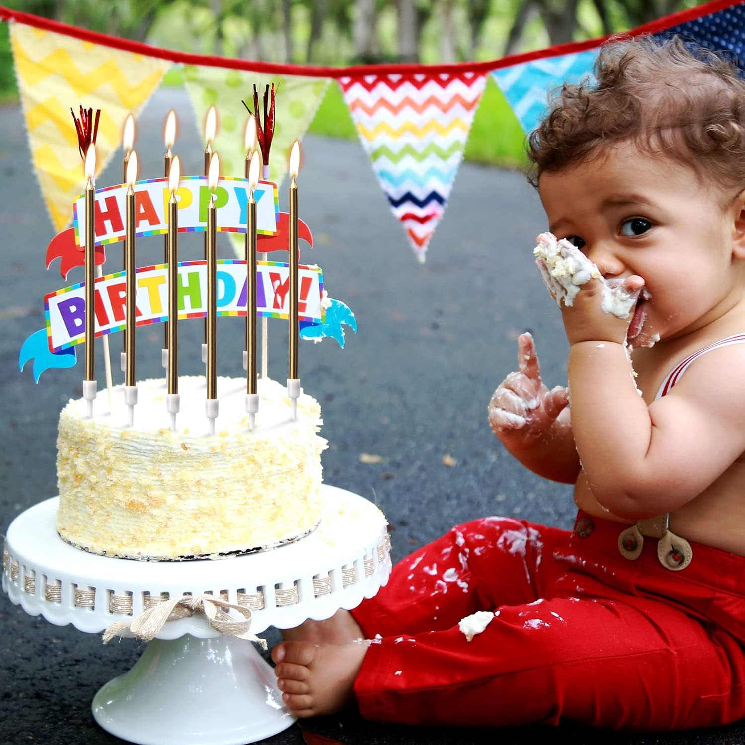 Luter 24Pcs Metallic Birthday Candles in Holders Tall Birthday Cake Candles Long Thin Cupcake Candles for Birthday Wedding Party Decoration(Champagne Gold)