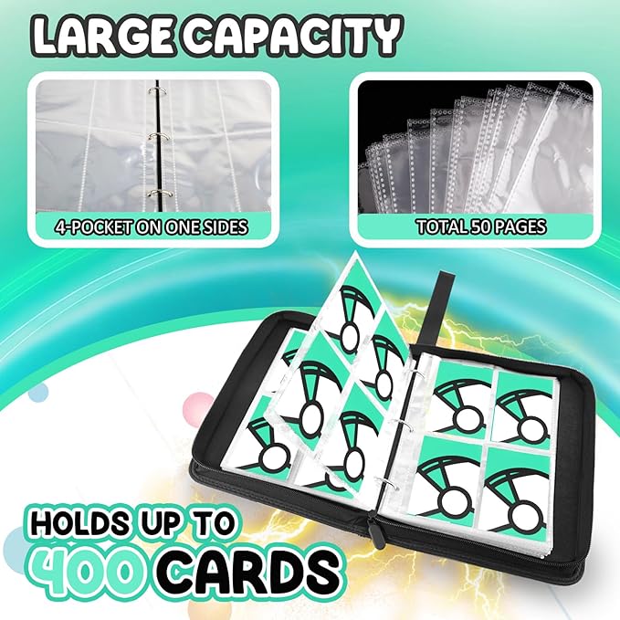 Trading Card Binder 4-Pockets, 400 Pockets Card Holder with 50 Removable Sleeves, Large Capacity & Waterproof Zipper Album Holder for Trading Card Collector, Portable Card Album Book for Card-Green