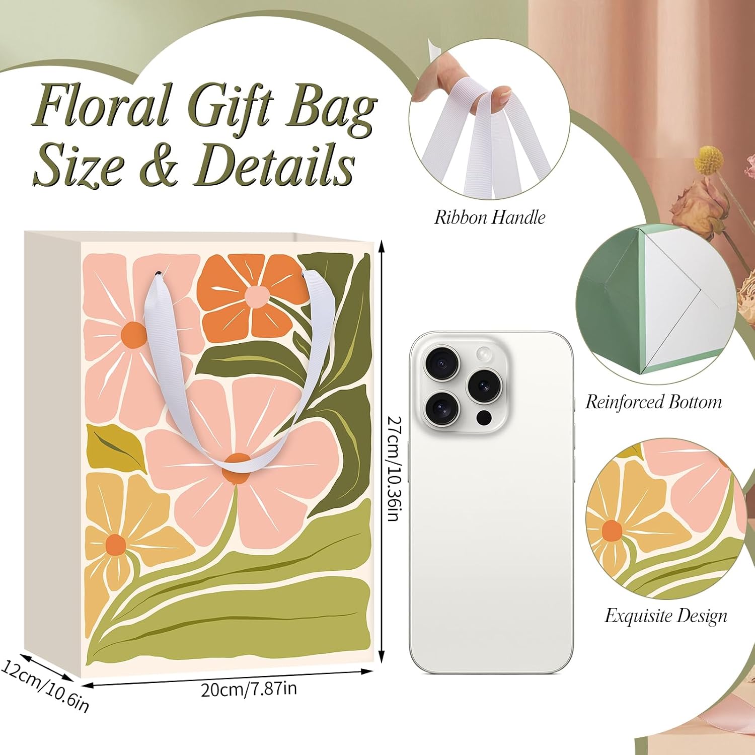 woric 10.6" Matisse Flowers Gift Bags, 4 Medium Floral Gift Bags for Women | 4 Floral Styles, Tissue Paper & Cards, Used for Wedding Bridal Showers, Baby Shower, Women Birthday, 10.6" X 7.8" X 4.7"