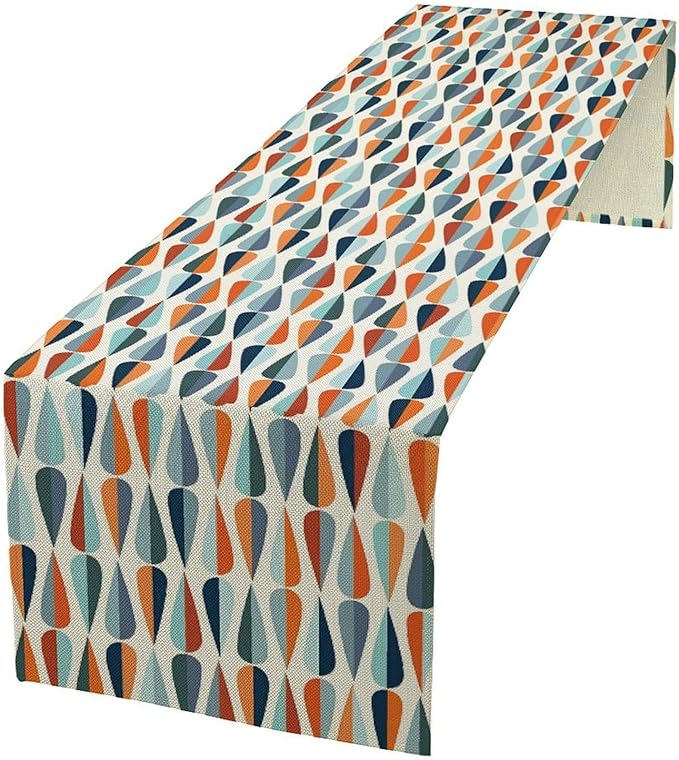 Mid Century Table Runner, Modern Style Retro Pattern Droplet Shapes Mosaic Tones Pattern Print for Home Kitchen Table Decor Dining Coffee Room Party Decor 13x120in