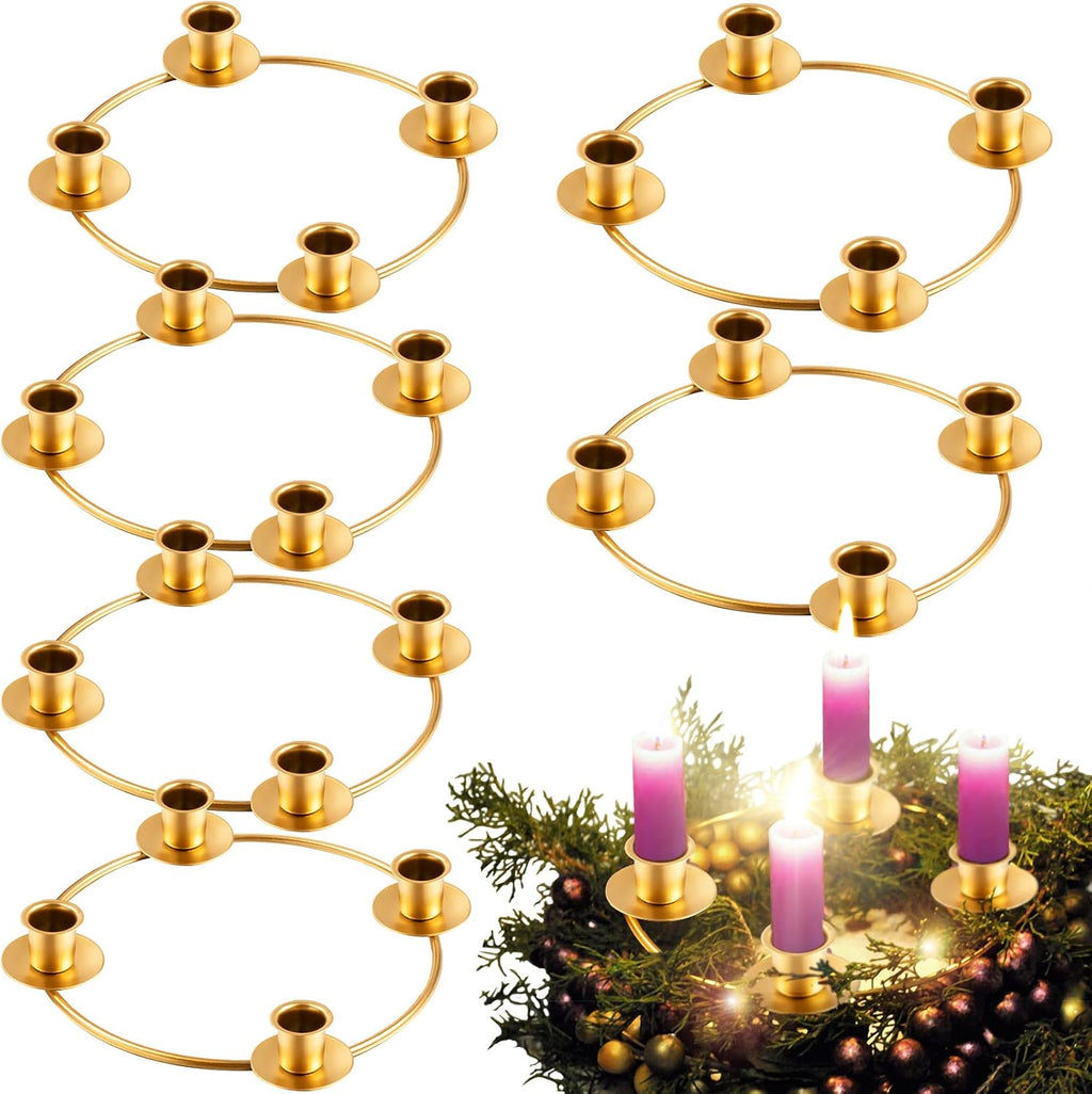 6 Pieces Christmas Advent Wreath Ring Advent Candle Holder Gold Wreaths Rings Xmas Metal Wrought Iron Candlestick Taper Metal Candle Holder for Home Table