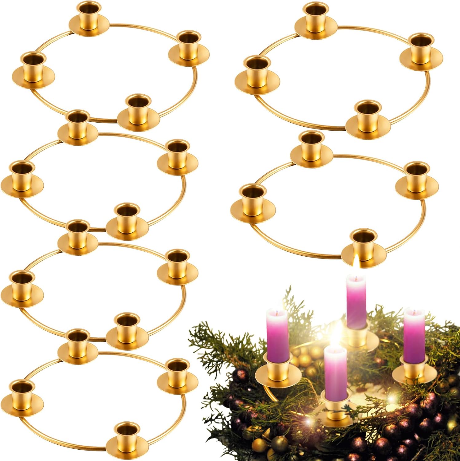 6 Pieces Christmas Advent Wreath Ring Advent Candle Holder Gold Wreaths Rings Xmas Metal Wrought Iron Candlestick Taper Metal Candle Holder for Home Table