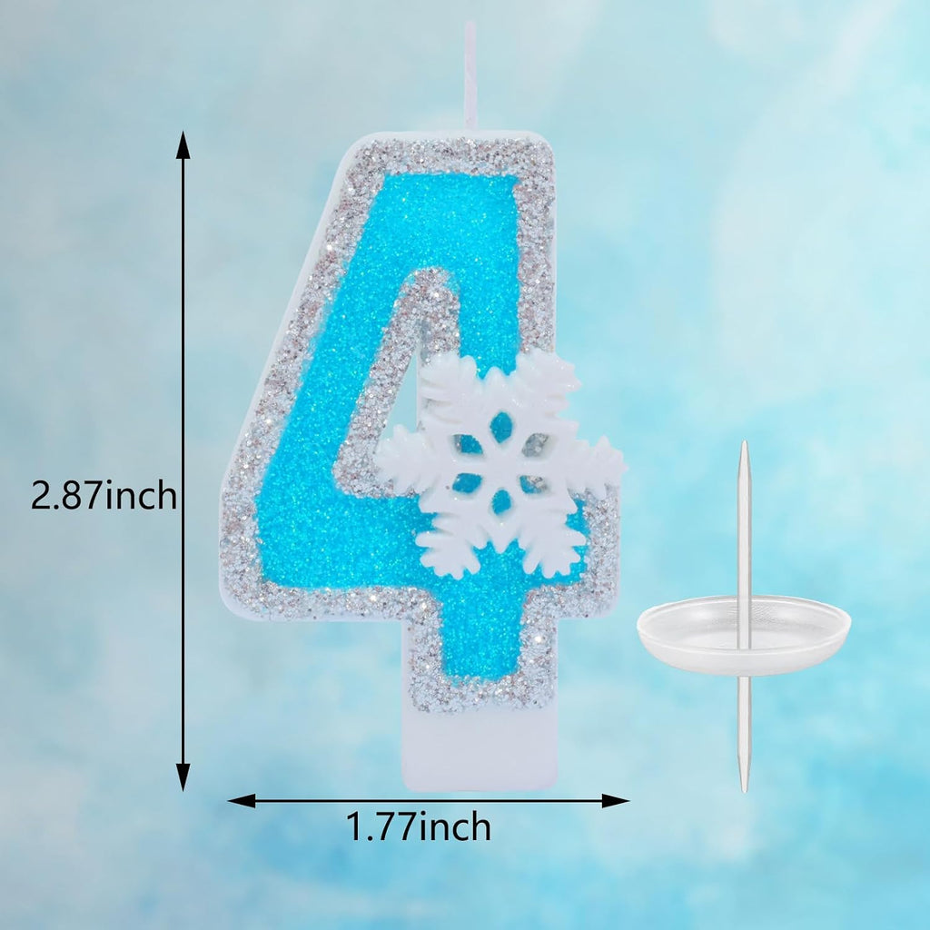 Blue Frozen Birthday Party Decorations, White Snowflake Number Candles 0-9, Kids Adults Birthday Anniversary Wedding Party Supplies, 2.87 inch Number 4 Cake Topper Decoration (Blue, Number 4)