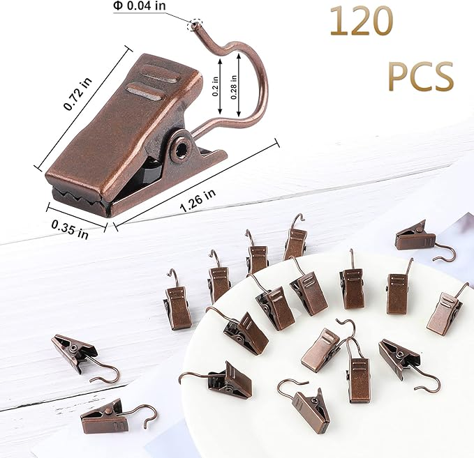 JANYUN 120 Pack Clip Hook Set Stainless Curtain Clips for Curtain Photos Home Decoration Art Craft Dispaly Hang Clip (Copper)