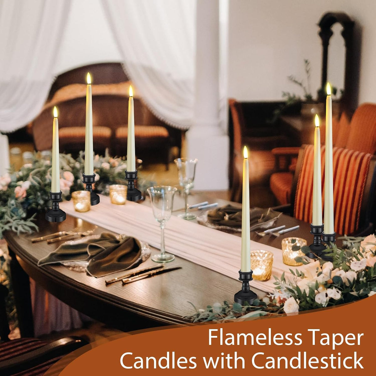 Rossesay 12 Pcs LED Taper Candles Holders, Black Holder & Ivory Candles