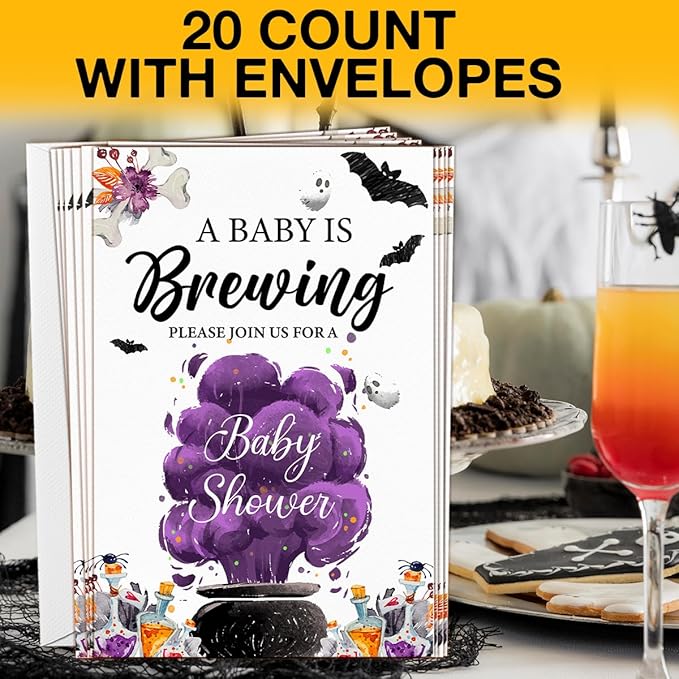 Halloween Baby Shower Party Invitations, a Baby Is Brewing Baby Shower Wizard Brewing Halloween Party Fill in Invites Cards With Envelopes (20 Count), Double Sided Design