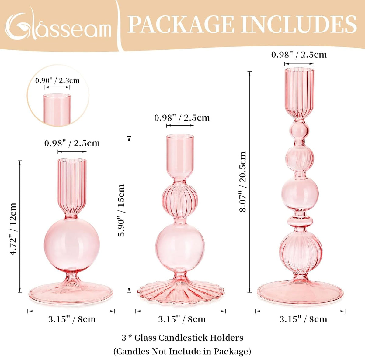 Glasseam Pink Glass Candlestick Holder: Unique Taper for Table Centerpiece
