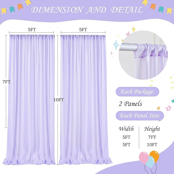 10ft x 10ft Lavender Chiffon Backdrop Curtain with Lights String for Parites Wedding Wrinkle Free Curtain Photo Backdrops Drapes for Baby Shower Birthday Party Home Decorations