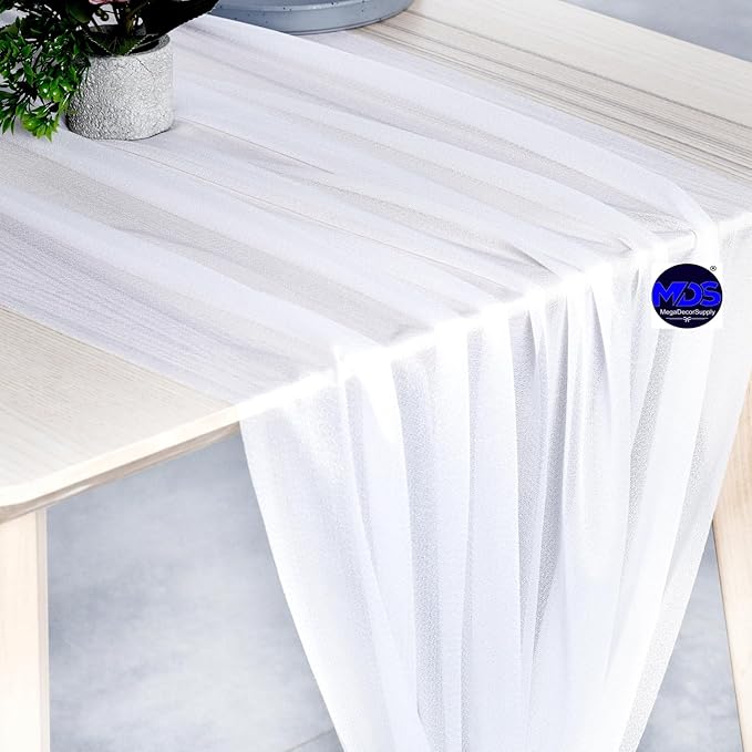 MDS 15 Pack 10ft Chiffon Table Runner 29 x 120 Inches Sheer Wedding Runner Romantic Rustic Table Runner for Wedding Decorations, Birthday Parties, Bridal Shower Party Arch Decor - White