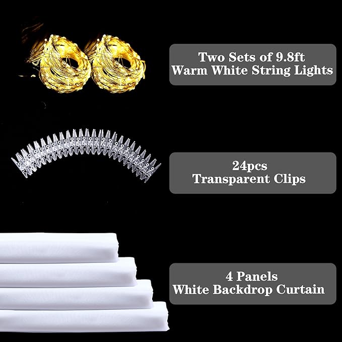 Sheer Backdrop Curtain with Lights String for Parites 20×10ft White Tulle Backdrop Curtain for Wedding Baby Shower Birthday Party Photo Shoot Decorations(4 Panels 5ft×10ft)