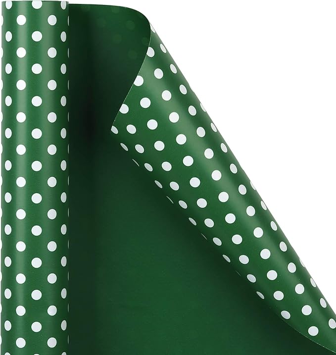 WRAPAHOLIC Reversible Wrapping Paper - Mini Roll - 17 Inch X 33 Feet - Dark Green and Polka Dot Design for Birthday, Holiday, Wedding, Baby Shower