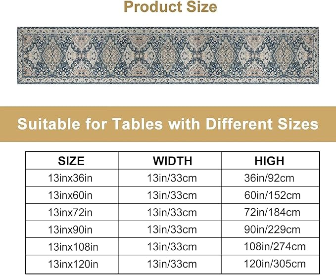 Vintage Boho Floral Table Runner, Rustic Country Farmhouse Blue Grey Retro Flower Pattern for Home Kitchen Table Decor Dining Coffee Room Party Decor 13x72in