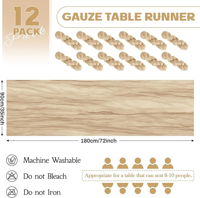 Aktor 12 Pack Beige Table Runner Boho Cheesecloth Table Runner Semi Sheer Gauze Fabric Runners for Wedding Birthday Baby Shower Party Boho Table Decoration（Beige）
