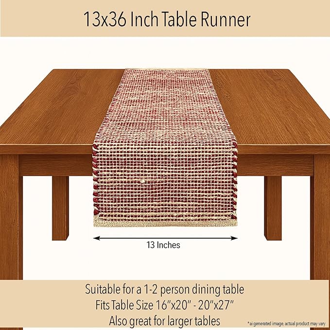 Chardin home Natural Jute Table Runner 13x36 Inch – Vintage Boho Rustic Table Decor – Handwoven Table Runner in Natural Jute and Red – Farmhouse Dining or Console Table Accent