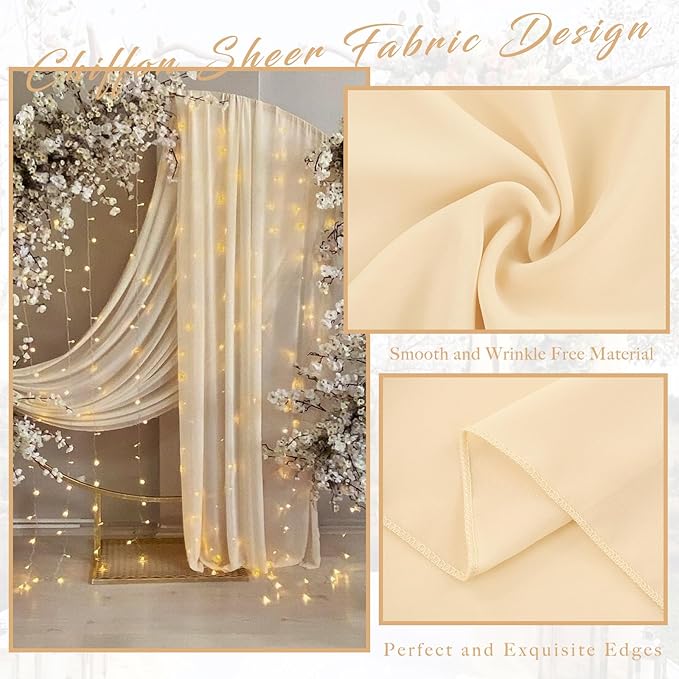 4 Panels Wedding Arch Draping Fabric 20Ft Length x 28" Width Champagne Arch Drapes Chiffon Fabric Sheer Curtains Backdrop for Party Bridal Decorations Wedding Ceremony Ceiling Stage Reception Decor