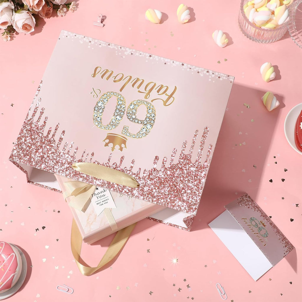Yoirrat Rose Gold 60th Birthday Gift Bag for Women 60 & Fabulous Large Pink Happy 60th Birthday Gift Bag with Wrapping Paper and Card for 60th Bday Decorations Party Supplies