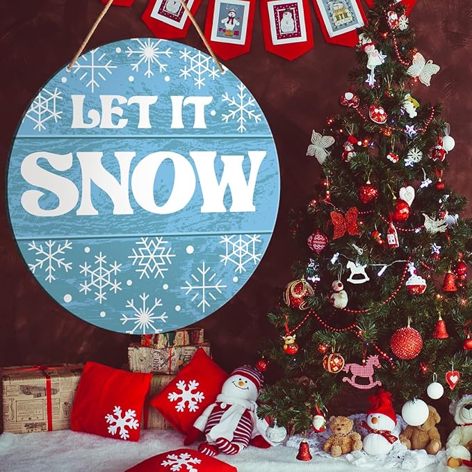 Muktoujaumai Winter Sign Front Door Decor, Christmas Round Hanging Sign Decor Snowflake Xmas Holiday Wall Decorations Winter Wood Sign for Door, Porch, Home, Let It Snow