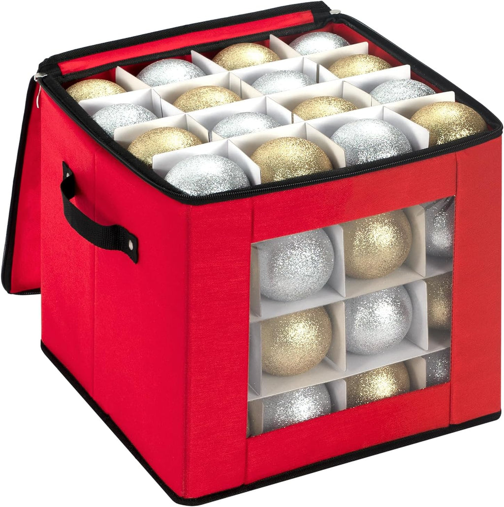DIMESHY Christmas Ornament Storage Box With Adjustable Dividers,Ornament Storage Container with Two Handles for 64Holiday Decorations,Red